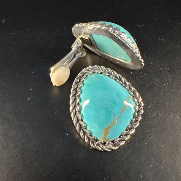 💎 Vintage 925 Sterling Silver Turquoise Clip-On Earrings | Southwestern - Picture 2 of 4